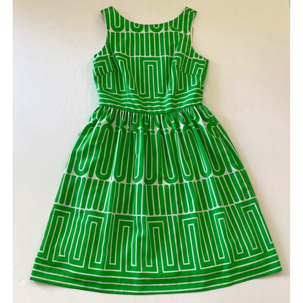 Trina Turk Garden Maze Fit & Flare Dress 2 0 XS Border Greek Key Print Green